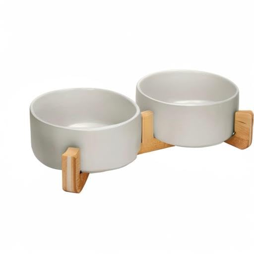Ceramic Dog and Cat Bowl Set with Wooden Stand (7.6 cups / Grey × 2)