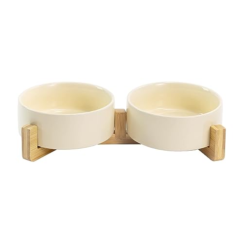 Ceramic Dog and Cat Bowl Set with Wooden Stand (1.7 cups / Beige × 2)