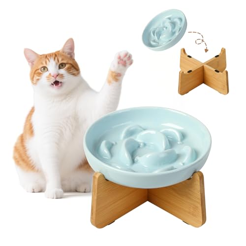 Elevated Ceramic Slow Feeder Cat Bowl (Blue Elevated (Bamboo) / 3.7"H Elevated (Bamboo))