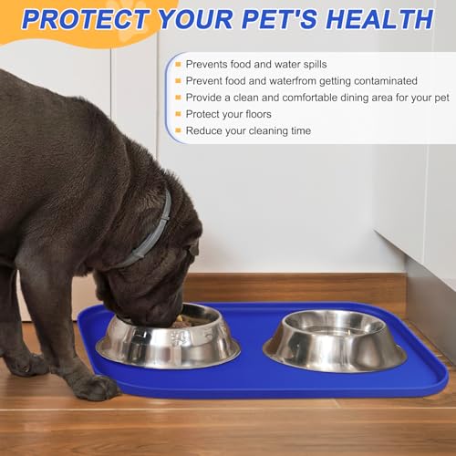 Waterproof Silicone Pet Food Mat with Raised Edge for Dog & Cat (Navy Blue / 24"L x 16"W)