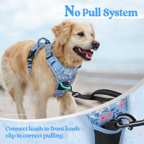 Dog Harness No Pull for Large Dogs with 2 Leash Clips (Large / Blue Floral)