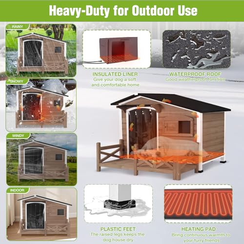 Heated Dog House Outdoor with Proch Weatherproof Dog Kennel with Heating Pad Anti