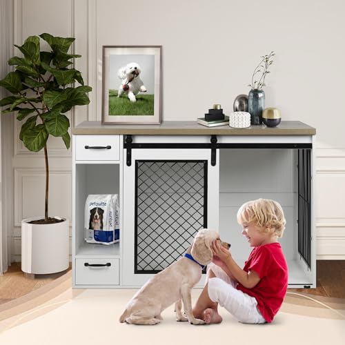 47.2" Heavy Duty Indoor Wood Dog Crate Furniture for Extra Large Dogs White (47.2"L x 23.6"W x 32.9"H / White)