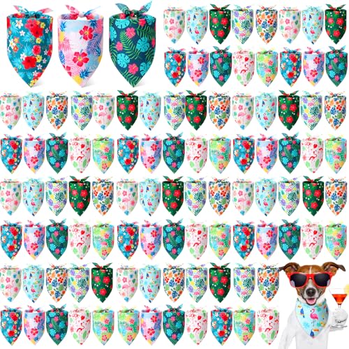 100 Pieces Hawaii Dog Bandanas Bulk Summer Bandanas for Dogs Soft Bibs Adjustable Triangle Scarf for Small Medium Large Pets Summer Costume (Hawaii / 25.6 x 17.7 x 17.7 Inch)
