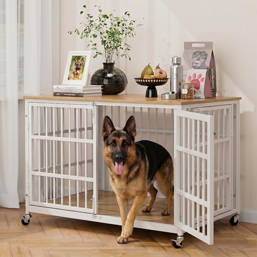 38" Heavy Duty Dog Crate Furniture for Large and Medium Dogs (White + Natural)
