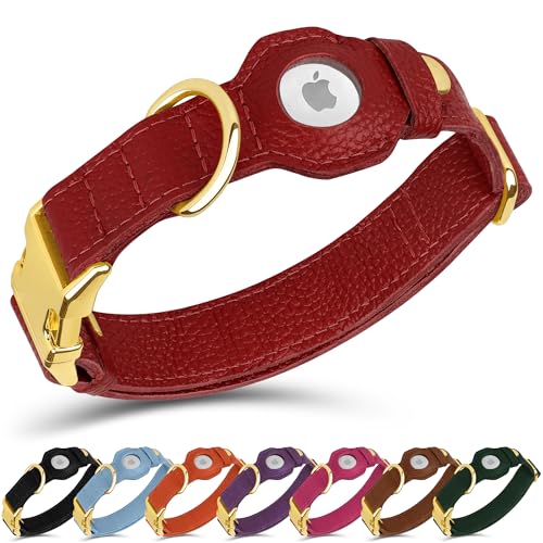 Leather Airtag Dog Collar (Red / L, 17"-21" Neck Fit)
