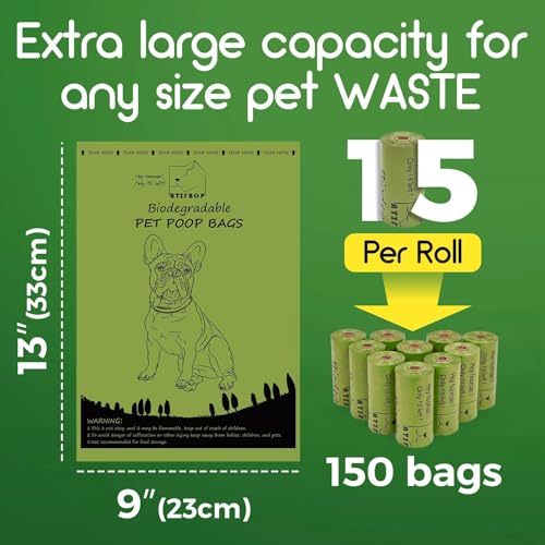 Biodegradable Dog Poop Bags 150 Count 10 Rolls with Dispenser (150 Count (Pack of 1) / Lemon Scent)