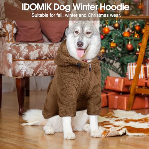 Fuzzy Dog Sweater with Adjustable Hood & Harness Hole (Medium / Brown)