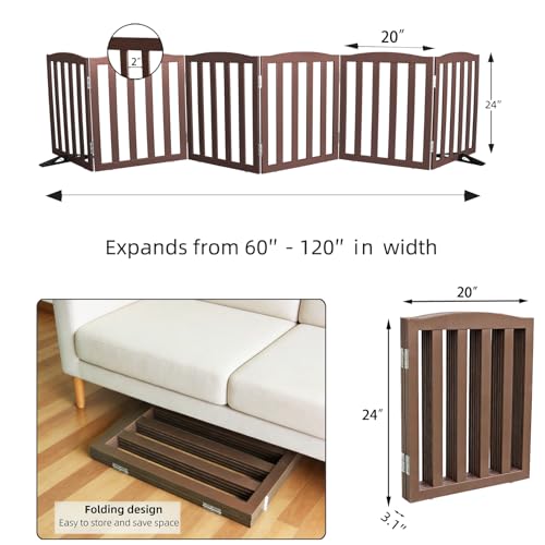 Foldable Freestanding Indoor Dog Gate for House Wood Long Pet Gates Dog Fence for Stairs Puppy Gates for Hallways (Brown / 【6 Panels】120''w X 24''h)
