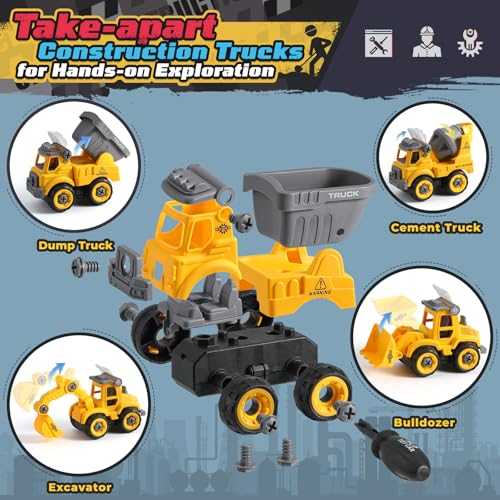 Construction Play Sand Kit with 4 Take Apart Trucks for Boys Age 3
