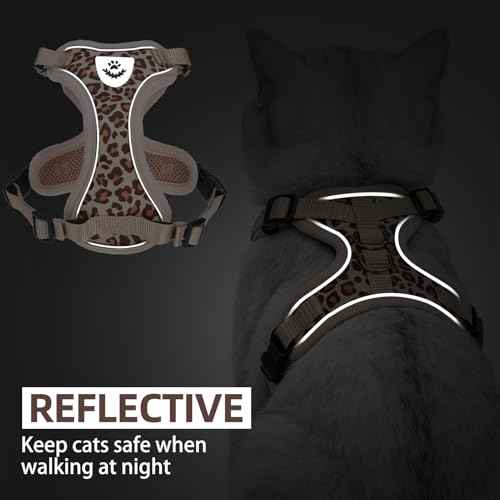 Cat Harness and Leash Set Escape Proof Reflective Cat Walking Harness Adjustable Soft Breathable Mesh Vest for Small Pets (M (NECK 11"-13.7", CHEST 16"-20") / Khaki Leopard Print)