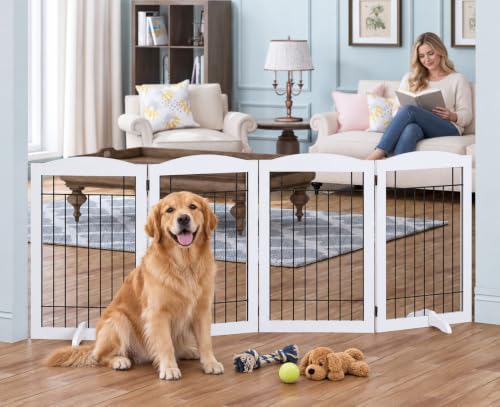 Free Standing Foldable Wire Pet Gate for Dogs (White / 【4 Panels】80"W x 30"H)