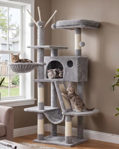 Cat Tree Tower with Padded Platform Bed (53 Inch / Light Gray)