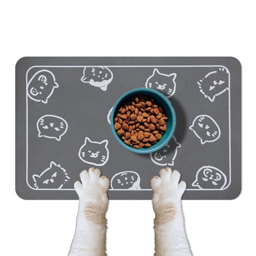 Cat Food Mat for Pet Dog Feeting Mats (Dark Gray & Multiple cat heads Logo / 18.1"L x 11.8"W)