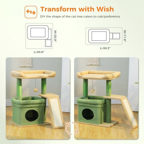 Small Cat Tree Tower for Indoor Cats with Large Perch (Green / L Plus(19.3"L x 12.2"W))