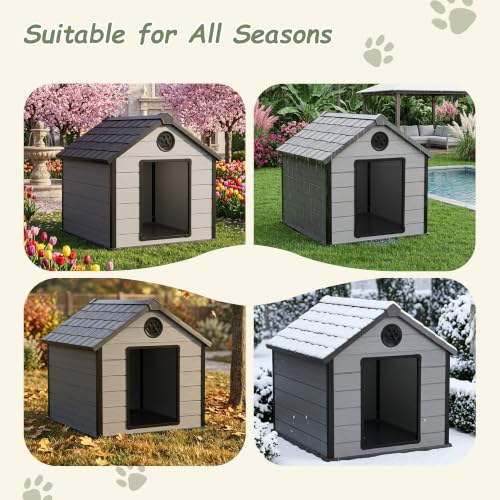 Extra Large Waterproof Plastic Dog House for Big Dogs (Black&Gray / 41.34*45.87*42.17)