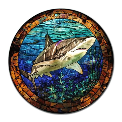 Metal Sign Tin Sign Circular Stained Glass Shark Funny Outdoor Decor for Garage 8×8 Inches (8×8 Inches / Shark-2)