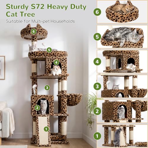 S72 Heavy Duty Cat Trees for Large Cats 20 lbs+ (Leopard Print / 72 inch)