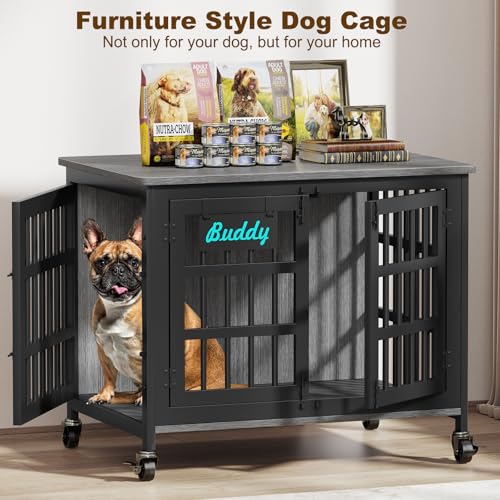 33" 27" Dog Crate Furniture with Name Tag (32.7"L x 22.8"W x 25.2"H / Dark Grey)