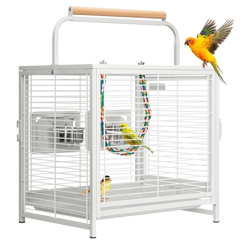 19 Inch Wrought Iron Travel Bird Cage for Cockatiel Parakeets (White)