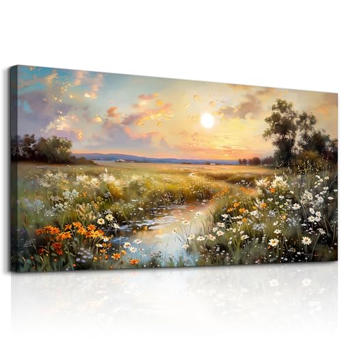 Canvas Wall Art For Living Room Wall Decor For Bedroom Office Decorations Vintage Farmhouse Wildflower Wall Paintings Nature Landscape Picture Artwork Aesthetic Home Decor Ready To Hang (40"L x 20"W / Rural Scenery)