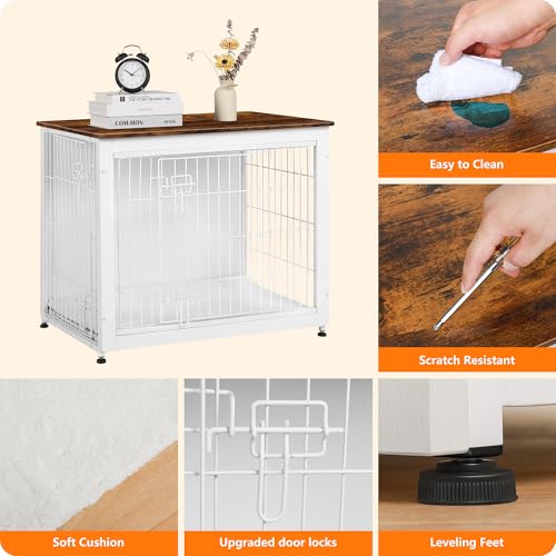 32.5" Dog Crate Furniture with Cushion (White+Rustic Brown / 32.5"L x 21.9"W x 25.6"H)