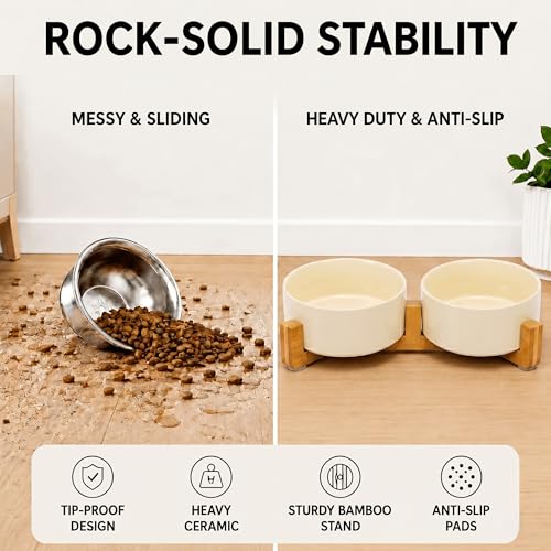 Ceramic Dog and Cat Bowl Set with Wooden Stand (3.6 cups / Beige × 2)