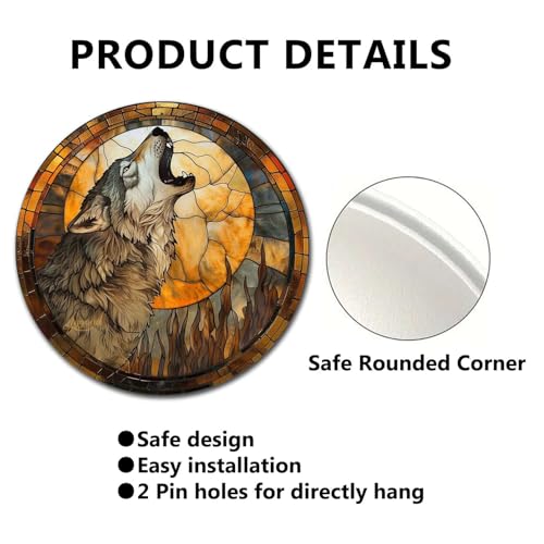 Metal Sign Tin Sign Circular Stained Glass Gray Wolf Bar Signs for Home Bar for Bar 8×8 Inches (8×8 Inches / Gray Wolf-1)