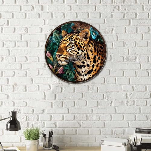 Metal Sign Tin Sign Circular Stained Glass Leopard Gardening Poster for Bar 12×12 Inches (12×12 Inches / Leopard-4)