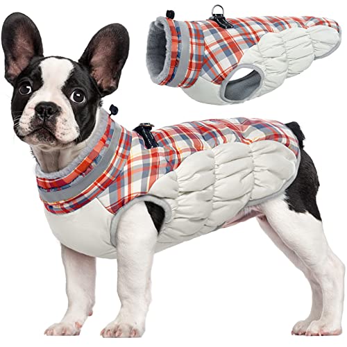 Dog Jacket for Small Dogs Warm Dog Jackets with Harness Built in (Red Plaid / S(chest:17in))