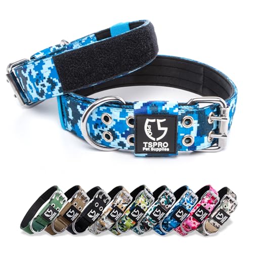 Heavy Duty Tactical Dog Collar with Patch (L/XL – Fits Neck 19.5"-23.5" / Camo Blue)
