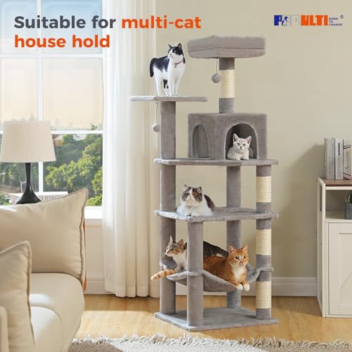 56.3in Multi Level Cat Tree for Indoor Cats (Plush Grey / Air(19.7"L x 15.8"W x 56.3"H))