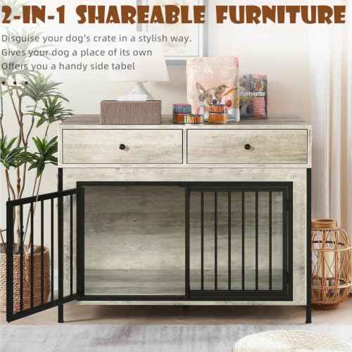 44 Inch Large Dog Crate Furniture with 2 Storage Drawers (New Grey / 44.5"L x 23.6"W x 34.5"H)