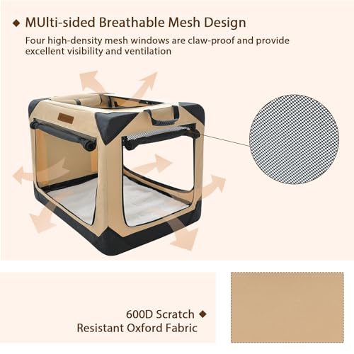 36 Inch Collapsible Soft Dog Crate for Large Dogs (Beige / 36.0"L x 25.0"W x 25.0"H)