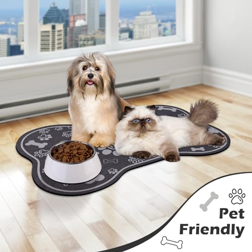 Dog Cat Food Mat (29"L x 17"W / Bone Shaped Dark Grey)