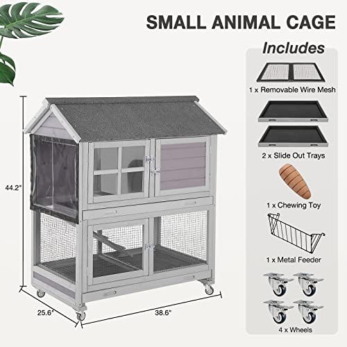 Rabbit Hutch Hamster Cage Guinea Pig Cage Bunny Cage Removable Wire Mesh PVC Curtain 4 Metal Wheels 2 Pull