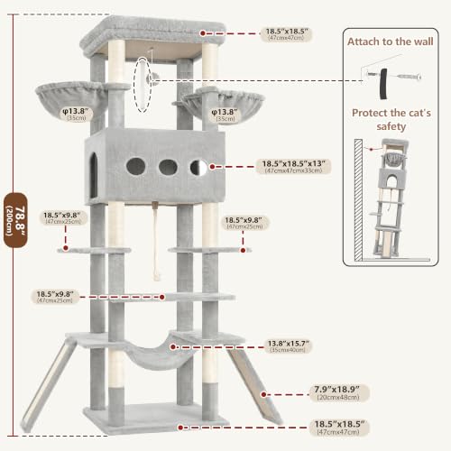Cat Tree 78.7'' Tall Tower with Extra Wide Top Platform GCT804W (78.7 inches / Light gray)