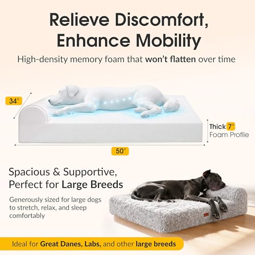 Orthopedic Memory Foam Dog Bed 7" Inch Thick Extra Large Dog Bed with Pillow Fluffy Grey 50"x34"x10" Includes Waterproof Liner & Durable Removable Cover with Smart Design (Grey - Fluffy / XL - 50"x34"x10")