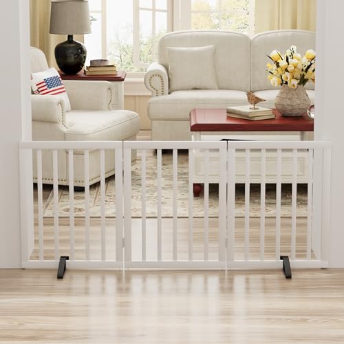 White 18 55" Wide Pet Gate (Bamboo Dog Gate White / 3 Panel - 55 inches Wide)