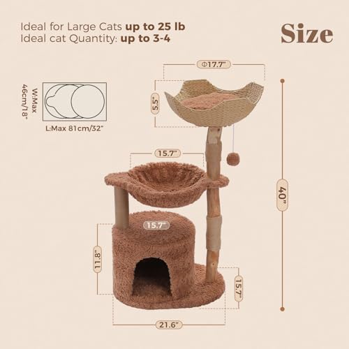 40" Modern Wood Cat Tree with Rattan Basket & Hammock (Brown / 40" Solid Wood Cat Tree)