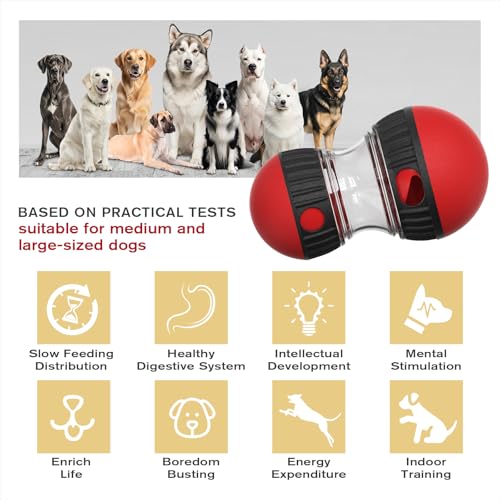 Dog Food Dispensing Puzzle Toy Adjustable Treat Dispenser Slow Feeder Pet Interactive Chase Toy Dog Enrichment Ball for Medium Large Dogs to Keep Them Busy (Red - Single - XL)