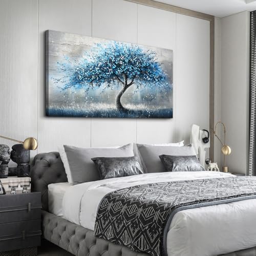 Wall Art Prints Abstract Canvas Painting Blue Tree Picture Panoramic Landscape Artwork Office Decor Modern Poster Ready To Hang Framed For Living Room Bedroom Home Decorations Wall Decor (48"L x 24"W / Blue Tree)