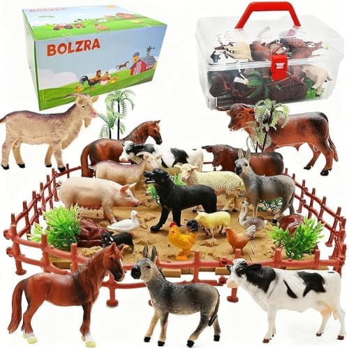 53 Piece Farm Animal Figures Toy with Fence & Building Blocks for Toddlers (Farm Animals Playset)