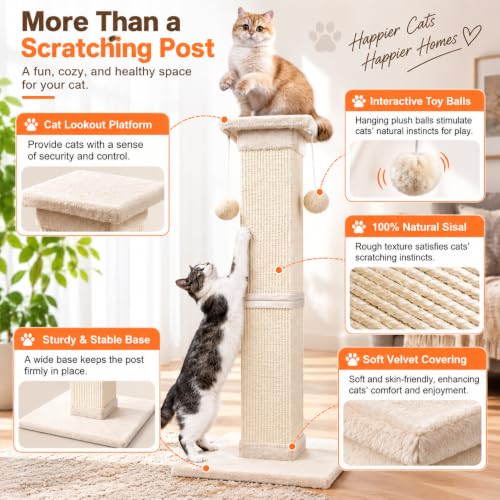 Cat Scratching Post 33 Inch Nature Sisal Cat Scratch Post for Indoor Cats (white)