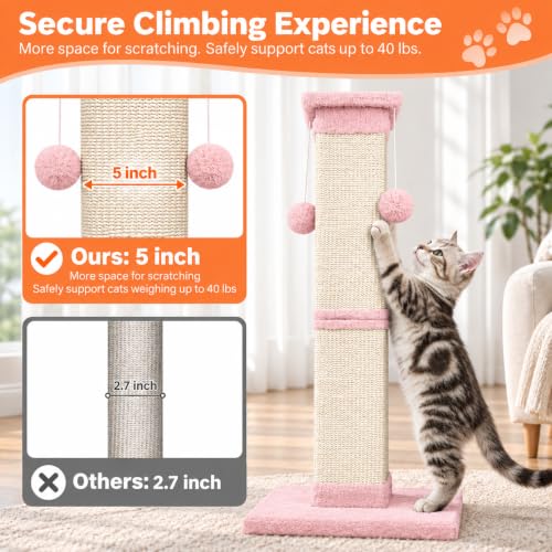 Cat Scratching Post 33 Inch Nature Sisal Cat Scratch Post for Indoor Cats (Pink)