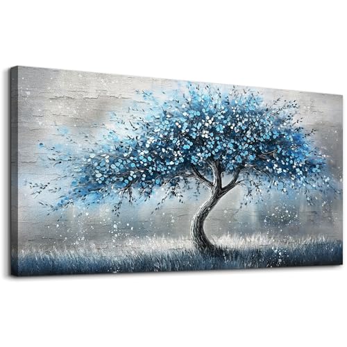 Large Wall Art Prints Abstract Canvas Painting Blue Tree Picture Landscape Artwork Office Decor Modern Poster Ready To Hang Framed For Living Room Bedroom Home Decorations Wall Decor (60"L x 30"W / Blue Tree)