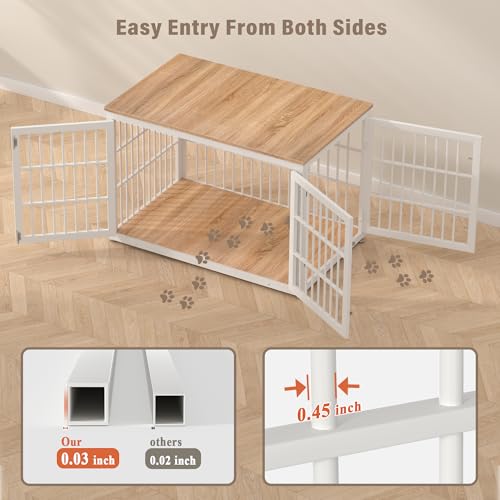 46" Heavy Duty Dog Crate Furniture for Large Dogs (White + Natural / 46.0"L x 29.1"W x 31.1"H)