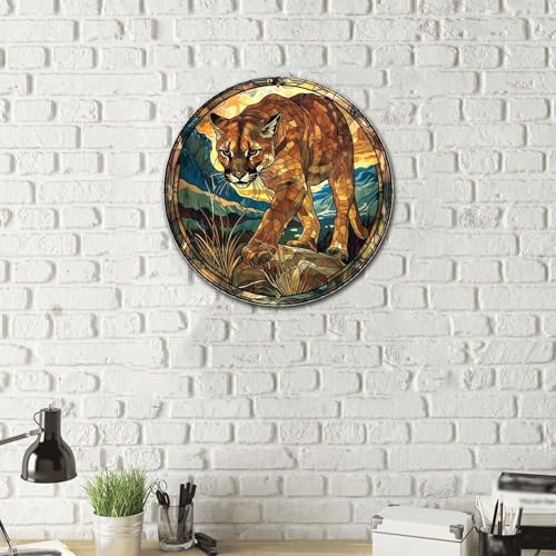 Metal Sign Tin Sign Circular Stained Glass Mountain Lion Garden Metal Sign for Bar 12×12 Inches (12×12 Inches / Mountain Lion)