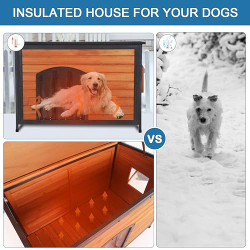 Outdoor Insulated Wooden Dog House Weatherproof Chew Resistant Metal Frame (43.3"Length)