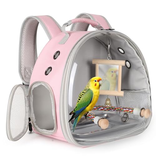 Portable Parrot Travel Cage Carrier with Mirror Standing Toy Set Small Bird Parakeet Bag with Standing Perch Bird Carry Transport Bag (Pink / 12.0"L x 8.0"W x 12.0"H)